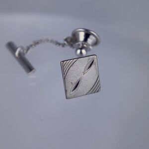 Square Modern Sterling Silver Tie Tack Pin Carved Brushed Metal Marked Vintage